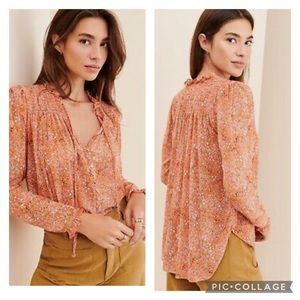 Free People Lela Floral Ruffled Smocked Blouse Orange Combo Size Medium